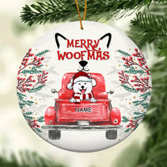 Joyeux Woofmas, ornement en céramique Red Truck Circle, ornement personnalisé de races de chiens, cadeaux pour les amoureux des chiens