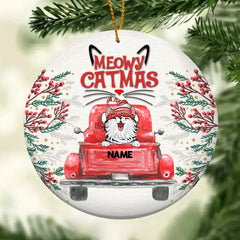 Meowy Catmass, Ornement en céramique Red Truck Circle, Ornement personnalisé de races de chats, Cadeaux pour les amoureux des chats