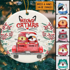 Meowy Catmass, Ornement en céramique Red Truck Circle, Ornement personnalisé de races de chats, Cadeaux pour les amoureux des chats