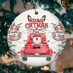 Meowy Catmass, Ornement en céramique Red Truck Circle, Ornement personnalisé de races de chats, Cadeaux pour les amoureux des chats