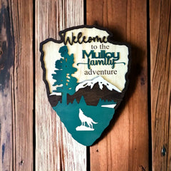 National Park Arrowhead Camping Camping Family Sign avec cintres, panneau de porte personnalisé 2 couches