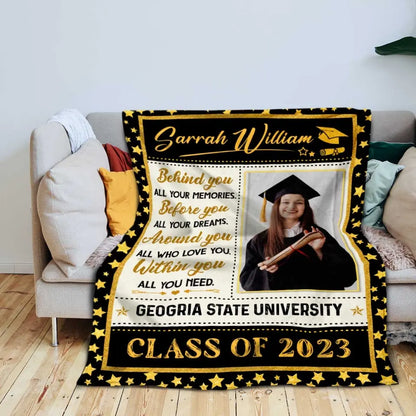 Customized Behind You All Your Memories Blanket, University Graduation Gifts For Her 2023, Graduation Blanket With Picture