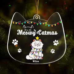 Meowy Catmas Funny Cartoon Cats - Cadeau de Noël pour les amoureux des chats - Ornement acrylique personnalisé en forme de personnalisé