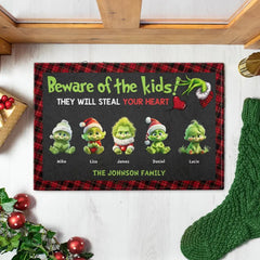 Beware the Kids, Gift for Family, Green Monster Kids - Personalized Door Mat, Christmas