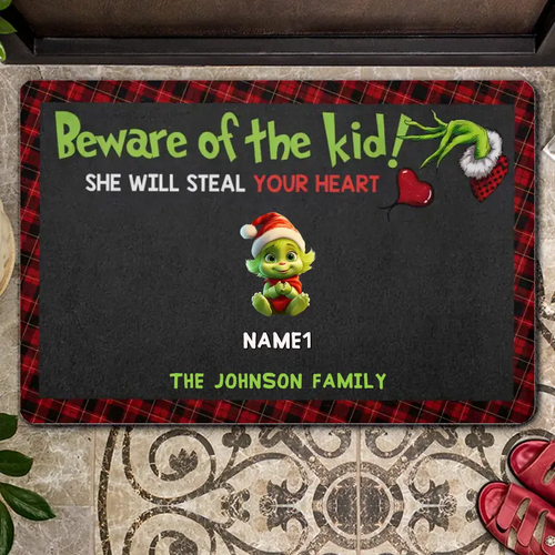 Beware the Kids, Gift for Family, Green Monster Kids - Personalized Door Mat, Christmas