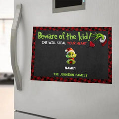 Beware the Kids, Gift for Family, Green Monster Kids - Personalized Fridge Decal, Christmas