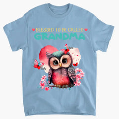 Personalized apparel "Blessed to be called Grandma Owl Butterfly" with child's name printed on it