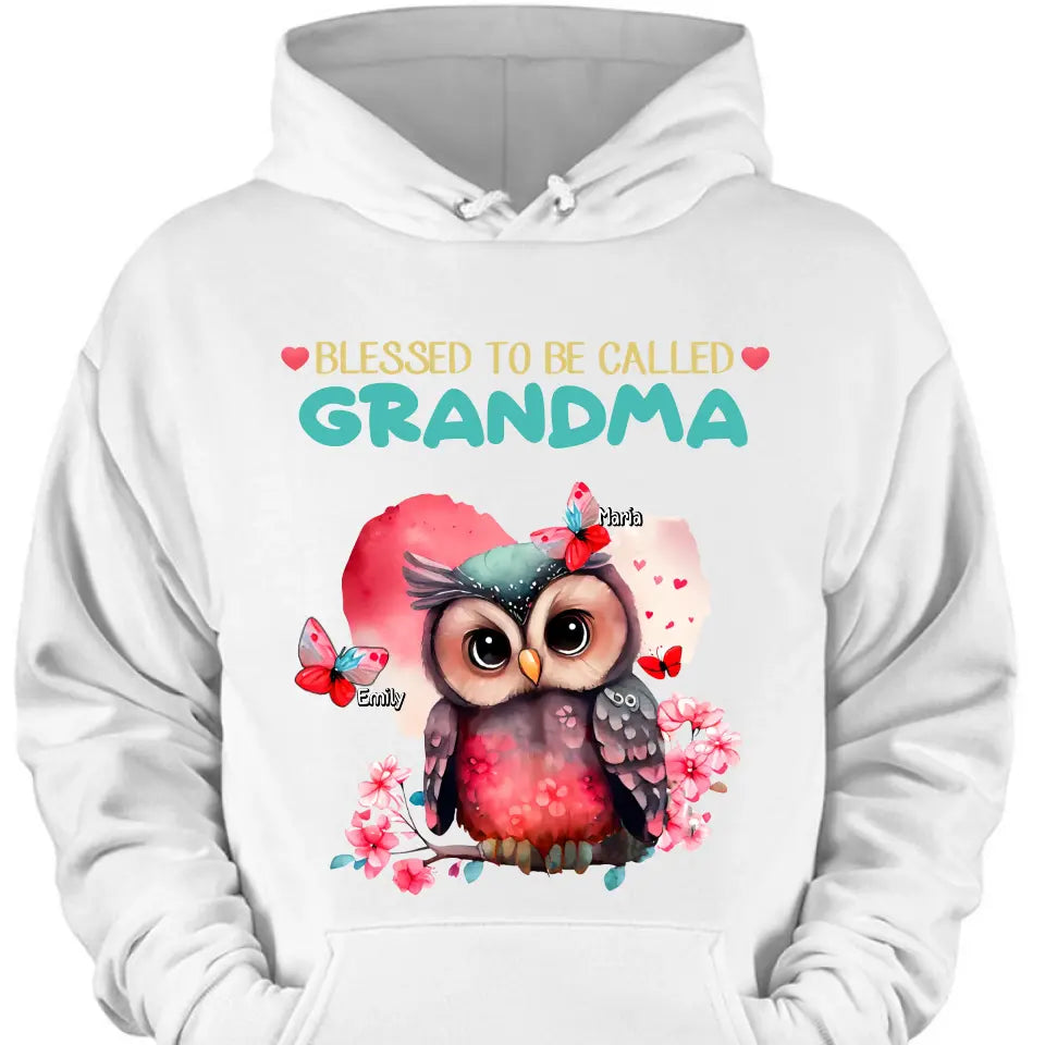 Personalized apparel "Blessed to be called Grandma Owl Butterfly" with child's name printed on it