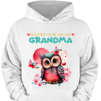 Personalized apparel "Blessed to be called Grandma Owl Butterfly" with child's name printed on it