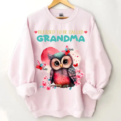 Personalized apparel "Blessed to be called Grandma Owl Butterfly" with child's name printed on it