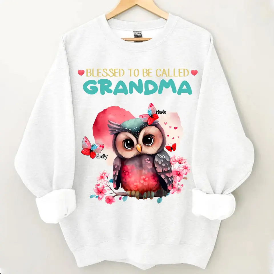 Personalized apparel "Blessed to be called Grandma Owl Butterfly" with child's name printed on it