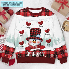 Grandma Snowman Heart - Pull personnalisé personnalisé - Cadeau de Noël pour grand-mère, maman, membres de la famille