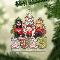 Ornement acrylique personnalisé à motifs de gâteau d'arbre de Noël assis en famille mignonne