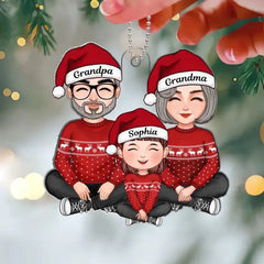 Mignon grand-mère grand-père et petit-enfant assis jambes croisées cadeau de Noël ornement acrylique personnalisé