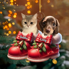 Animal de compagnie mignon sur des chaussures de Noël - Ornement personnalisé en mica photo personnalisé - Cadeau de Noël pour les amoureux des animaux de compagnie, les propriétaires d’animaux de compagnie