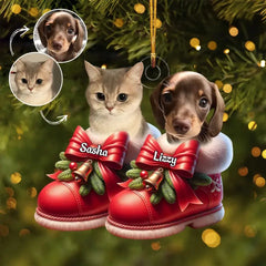 Animal de compagnie mignon sur des chaussures de Noël - Ornement personnalisé en mica photo personnalisé - Cadeau de Noël pour les amoureux des animaux de compagnie, les propriétaires d’animaux de compagnie