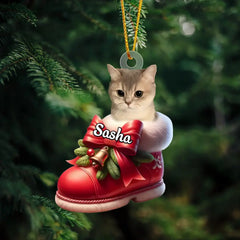 Cute Pet On Christmas Shoes - Personalized Custom Photo Mica Ornament - Christmas Gift For Pet Lovers, Pet Owners