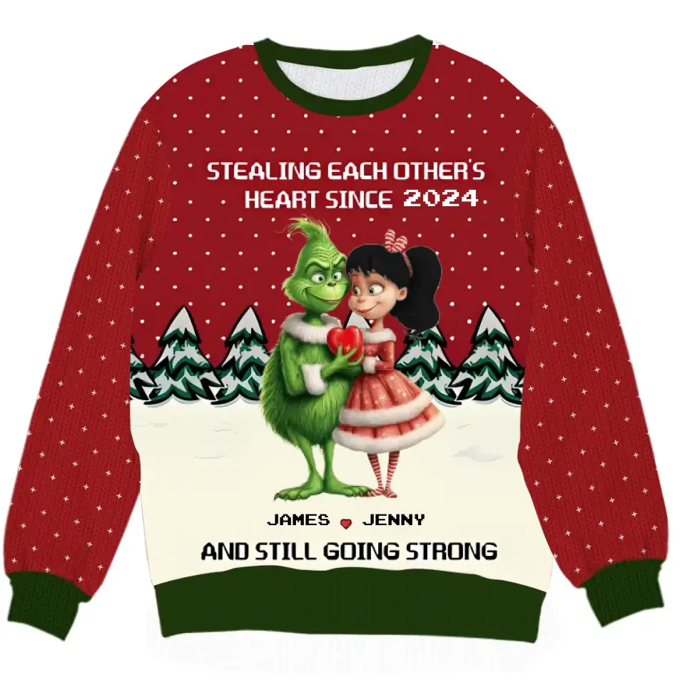 Stealing Each Other's Heart, Couple Gift, Personalized Knitted Ugly Sweater, Green Monster Sweater, Christmas Gift