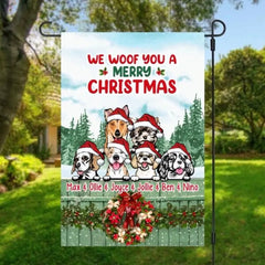 Drapeau de jardin personnalisé, jusqu'à 6 animaux de compagnie, nous vous woofons un joyeux Noël, cadeau de Noël pour les amoureux des chiens, les amoureux des chats