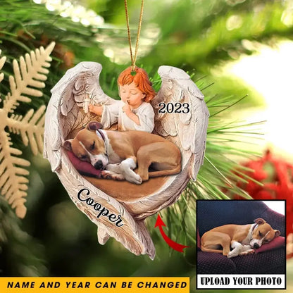 Personalized upload your sleeping dog or sleeping cat photo cherub acrylic ornament print