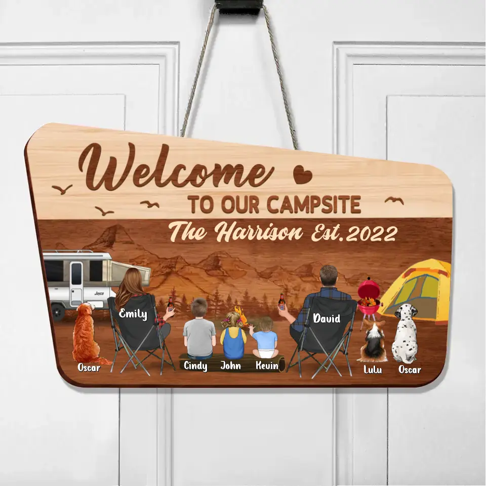 Personalized Camping Family Wooden Sign - Couple/Parents/Single Parent With Upto 3 Kids And 3 Pets - Gift Idea For Family/ Camping/ Dog/Cat Lover - Welcome To Our Campsite