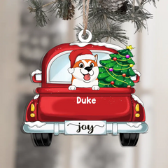 Chiens sur camion rouge Noël - Ornement en bois personnalisé, cadeau pour amoureux des chiens, cadeau de Noël, ornement de chien personnalisé