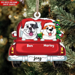 Chiens sur camion rouge Noël - Ornement en bois personnalisé, cadeau pour amoureux des chiens, cadeau de Noël, ornement de chien personnalisé