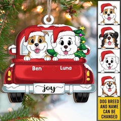 Chiens sur camion rouge Noël - Ornement en bois personnalisé, cadeau pour amoureux des chiens, cadeau de Noël, ornement de chien personnalisé