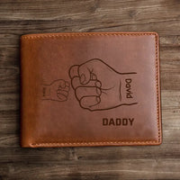 Personalized Hands Clenched Custom Father & Kid Names Gift for Dad Laser Leather Wallet