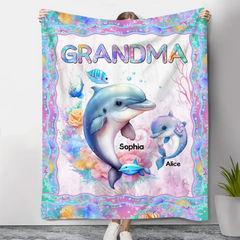 Grand-mère personnalisée Dolphin &amp; Kid Names Sherpa ou Couverture polaire imprimée 