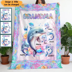 Grand-mère personnalisée Dolphin &amp; Kid Names Sherpa ou Couverture polaire imprimée 