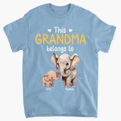 Personalize this grandma's clothes with elephant children's names printed on them