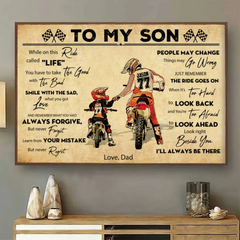 Custom Personalized Motocross Poster, Canvas with custom Name, Number & Appearance, Vintage Dirt Bike Dad And Daughter & Son