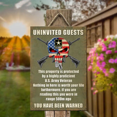 Panneau métallique vétéran – Unité militaire personnalisée – Cette propriété est protégée par un personnel hautement compétent.