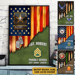 Cadeau personnalisé pour vétéran militaire, rang et nom personnalisés, drapeau rustique américain, affiche en toile