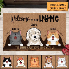 Custom Doormat, Gifts For Pet Lovers, Welcome To Our Home Pet Peeking From Curtain Front Door Mat