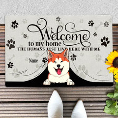 Bienvenue dans notre paillasson personnalisé à la maison, cadeaux pour les amoureux des animaux de compagnie, animal de compagnie regardant du rideau tapis de porte d’entrée beige