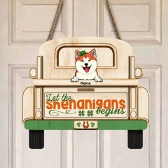 Saint-Patrick, panneau de porte en bois, panneau de bienvenue irlandais, cadeaux personnalisés pour les amoureux des animaux de compagnie, que les manigances commencent