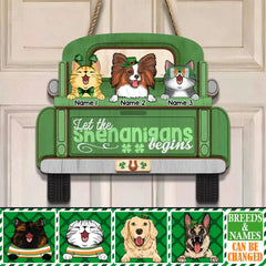 Saint-Patrick, panneau de porte en bois, panneau de bienvenue irlandais, cadeaux personnalisés pour les amoureux des animaux de compagnie, que les manigances commencent