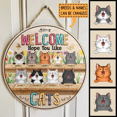 Welcome Door Signs, Gifts For Cat Lovers, Hope You Like Cats, Flower Custom Wood Signs , Cat Mom Gifts