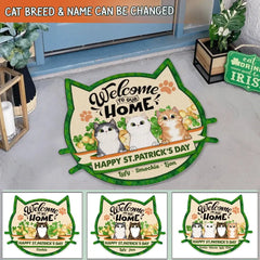 Bienvenue chez nous, Happy ST. Fête de la Saint-Patrick, pour les amoureux du chat, paillasson personnalisé en forme de visage de chat