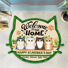 Bienvenue chez nous, Happy ST. Fête de la Saint-Patrick, pour les amoureux du chat, paillasson personnalisé en forme de visage de chat