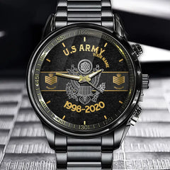 Montre personnalisée en acier inoxydable noir vétéran/soldat américain imprimée