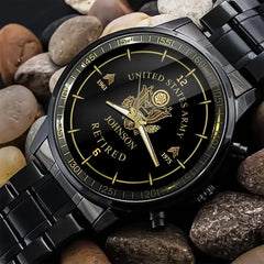 Montre personnalisée avec logo de l'armée américaine à la retraite, camouflage, nom personnalisé imprimé