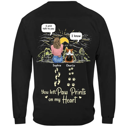 Custom Personalized Memorial T-shirt/ Hoodie - Man/ Woman With Upto 4 Pets - Memorial Gift Idea For Dogs/ Cats/ Rabbits Lover - You Left Paw Prints On My Heart