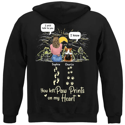 Custom Personalized Memorial T-shirt/ Hoodie - Man/ Woman With Upto 4 Pets - Memorial Gift Idea For Dogs/ Cats/ Rabbits Lover - You Left Paw Prints On My Heart