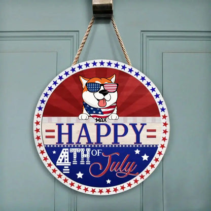 Happy 4th Of July - Personalized Wood Sign, Fourth of July Front Door Decor, Gift For Dog Lover