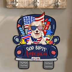 God Bless America - Personalized Wood Door sign, Happy Independence Day, 4th of July Decor, Gift For Dog Lover