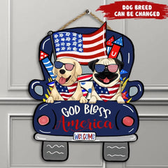 God Bless America - Personalized Wood Door sign, Happy Independence Day, 4th of July Decor, Gift For Dog Lover