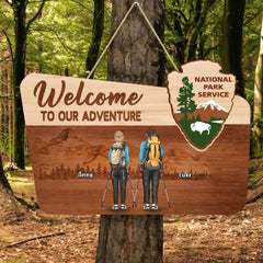 Custom Personalized Hiking Wooden Sign - Couple With Upto 3 Dogs - Gift Idea For Couple/ Hiking/ Dog Lover - Welcome To Our Adventure